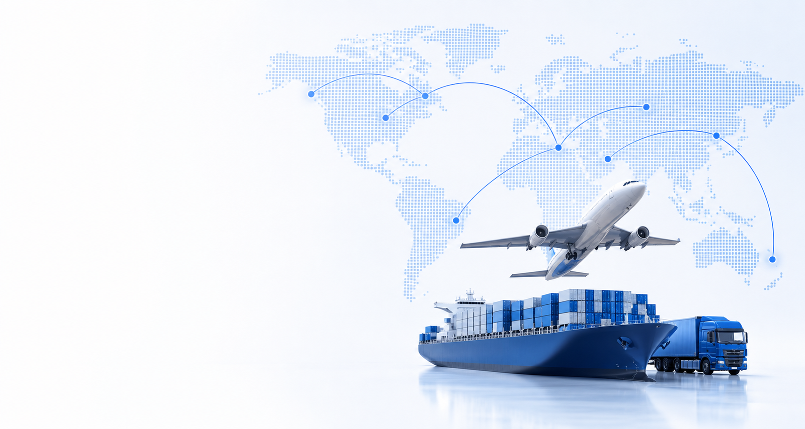 Global shipping routes with aircraft, cargo ship, and delivery truck